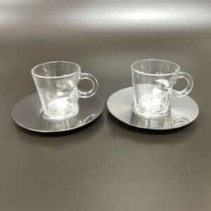Nestle Nespresso View Expresso Cups and Saucers 2 Sets Glass Stainless Steel